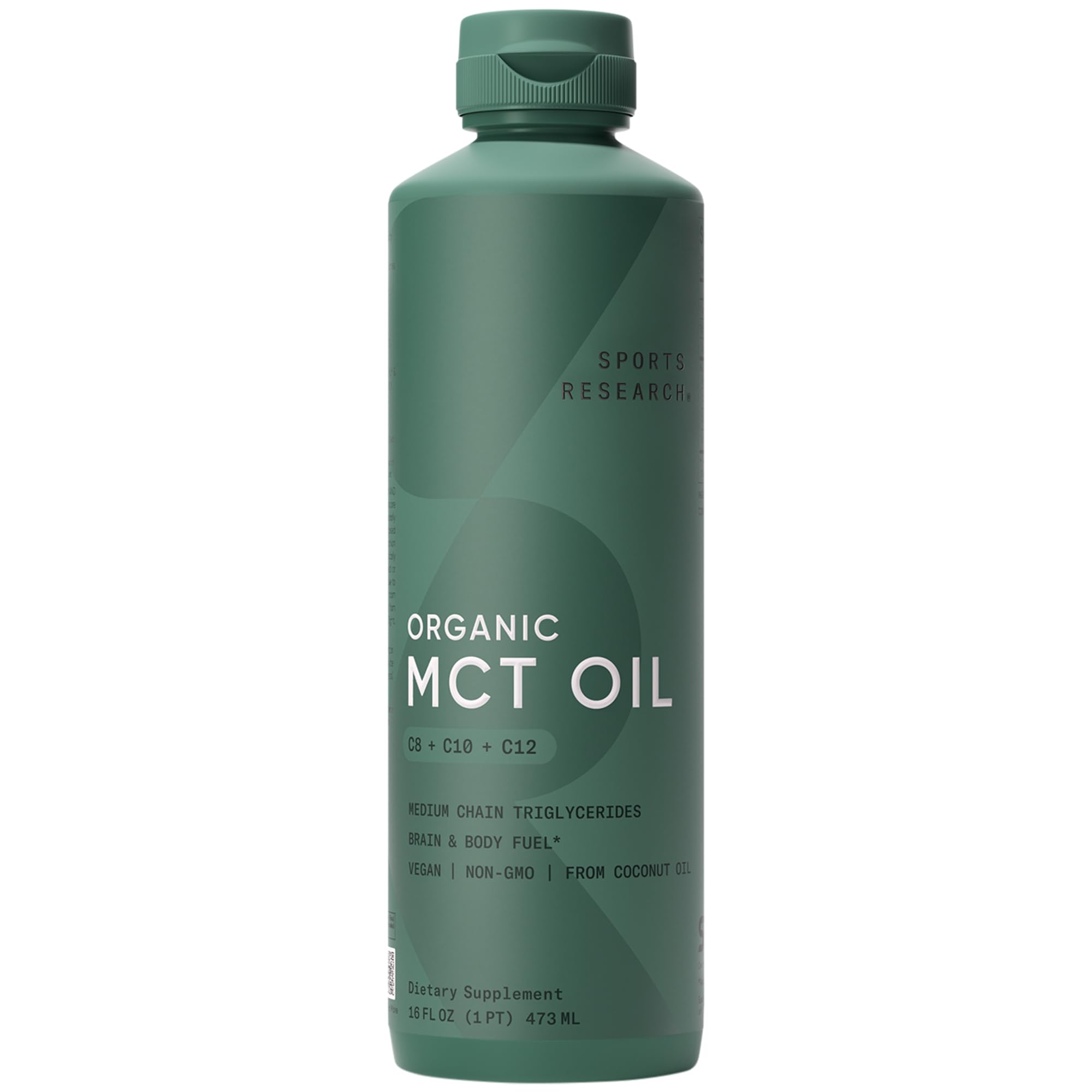Sports Research Keto MCT Oil from Organic Coconuts - Fatty Acid Fuel for Body and Brain - Triple Ingredient C8, C10, C12 MCTs - Perfect in Coffee, Tea, & More - Non-​GMO & Vegan - Unflavored (16 Oz)