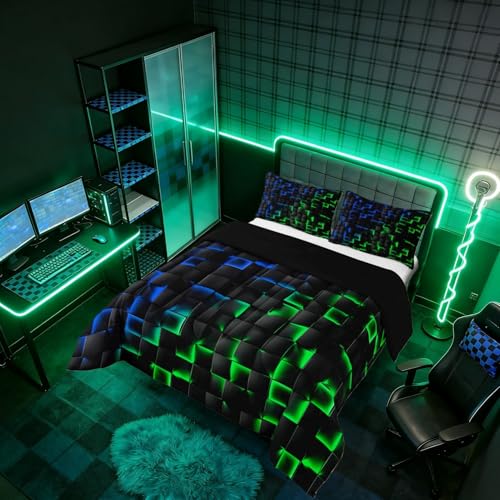 Image of Erosebridal Geometric Checkered Comforter Set Twin Neon Blue Green Bedding Set for Kids Boys Teen Gamer Room Decor,Abstract Ombre Plaid Comforter Grids Quilt Duvet Black