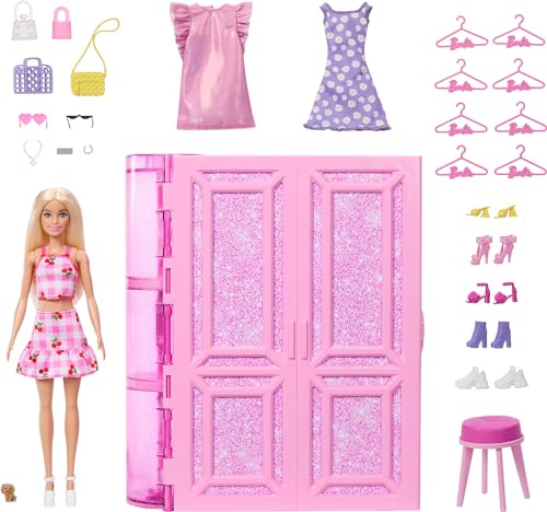 Barbie Dream Dressing Room Playset with 29 Pieces Including Doll, Vanity, Clothing Racks & Accessories, Portable Folding Closet with Handle, Multicolored, Ages 3+