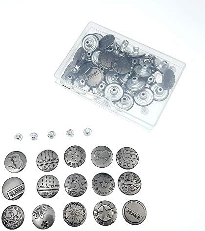 50 Sets 20MM Replacement Jeans Buttons, Jeans Buttons Metal Button Replacement Kit with Rivet and Plastic Storage Box