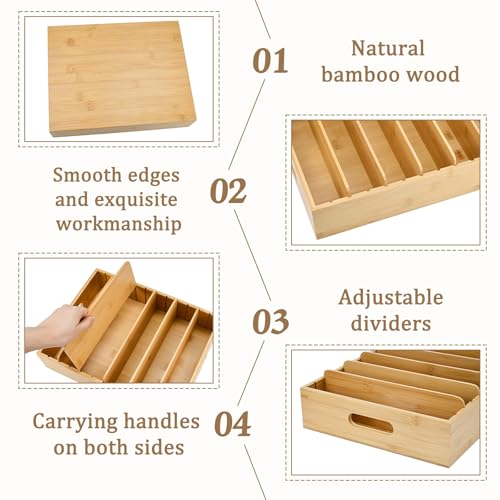 LPAMABA Bamboo Box Adjustable Pot Lid Storage Wooden Pans Storage Bamboo Pot Lid Organiser Lid Holder with 5 Dividers 2 Handles Kitchen - Image 3
