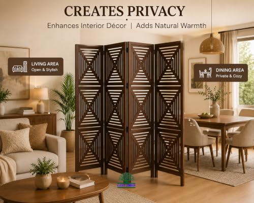 Image of Wooden Room Divider Partition for Living Room | Foldable 4 Panel Decorative Privacy Screen Separator for Home, Office & Bedroom | Modern (Chocolate Brown)