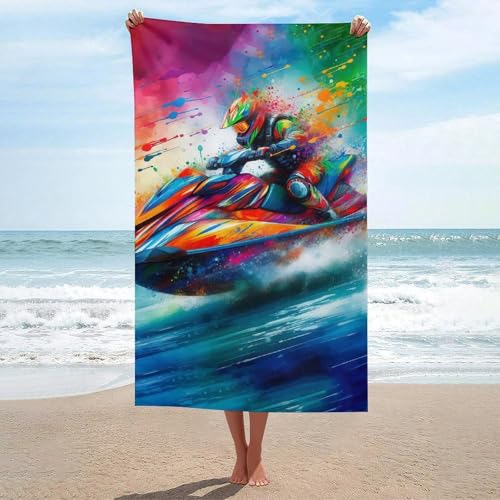 sinyumoney Jet Ski Watercolor Art Serviettes De Plage pour Adultes, Ultra-absorbantes, À Séchage Rapide, pour La Salle De Bain, Hommes Et Femmes, pour Le Nettoyage Et Le Massage du Corps, 130 X 80 Cm
