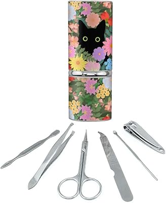 Black Cat Hiding in Spring Flowers Stainless Steel Manicure Pedicure Grooming Beauty Care Travel Kit