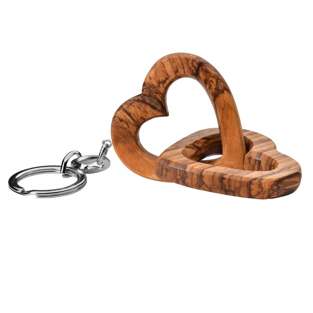 Kassis Geschenkartikel Olivenholz - Schlüsselanhänger Herzen für Brautpaar, zum Valentinstag, Jubiläum, Hochzeitstag, Geburtstag - verbundene Holz-Herzen - Hochzeitsgeschenk - (5 cm)