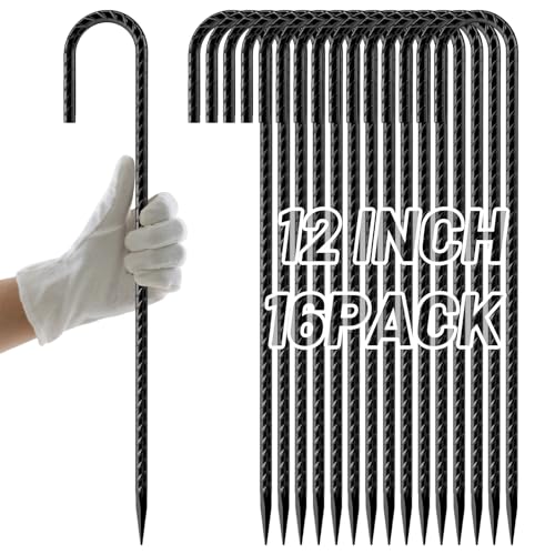 AAGUT Rebar Stakes 12 Inch 16 Pack, J Hook Premium Black Coated Ground Garden Anchors Heavy Duty, Superior Rust Resistance Chain Link Fence Stakes for Camping Tent, Inflatables, Lawn Decor