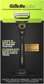 Gillette Mens Razor with Exfoliating Bar by GilletteLabs, Shaving Kit for Men, Includes 1 Handle, 2 Razor Blade Refills, 1 Premium Magnetic Stand, Black and Gold, Razor for men