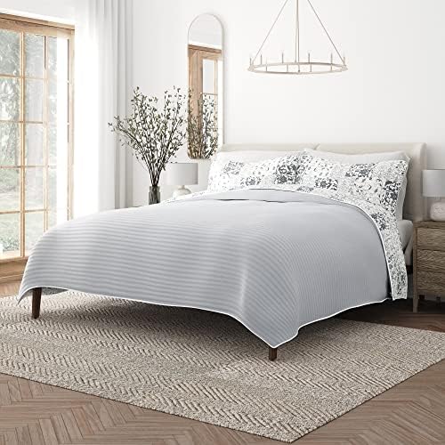 Merit Linens Gray 3-Piece King/Cali King Quilt Comforter with 2 Shams | Lightweight, All-Season, Paisley Stitched Bedspreads | Modern Coverlet Sets - Scrolled Patchwork/Light Gray