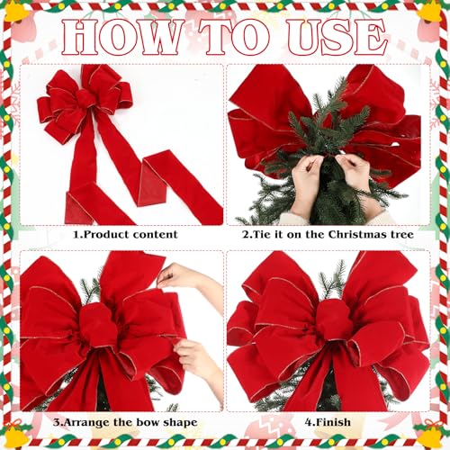 Norme 1 Pcs Red Extra Large Christmas Tree Decorations Bow Tree Topper with LED Light Christmas Velvet Polyester Bows with Long Streamers for Front Door Decor, 23.62 x 78.4 Inches by Norme - Image 6