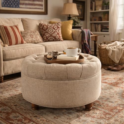 Image of Homepop Home Decor Button Tufted Woven Round Storage Ottoman Large