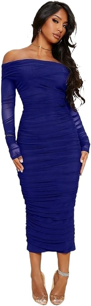 off shoulder ruched mesh bodycon midi dress Black Off Shoulder Ruched Mesh Bodycon Midi Dress