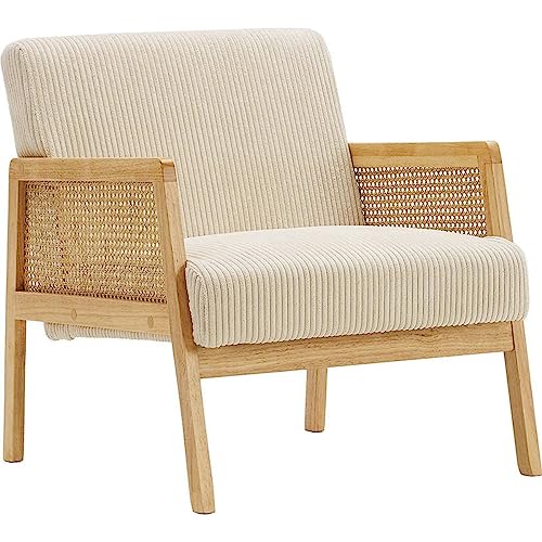 HOMIFAB Fauteuil en cannage et Velours côtelé Beige - Mani