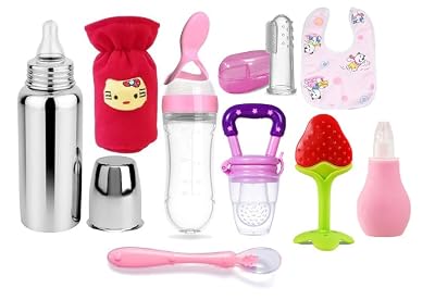 XIIAA Baby Combo Set of-9 Items [Steel Bottle,Bottle Cover,Silicone Spoon,Silicone Food Feeder,Fruit Feeder,Finger Tooth