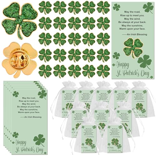SOWPOPY 25/50/100 Sets St. Patricks Day Lapel Pins Bulk Four Leaf Clover Pins Irish Shamrock Pin Brooches With Blessing Cards for St. Patricks Day Gift Party Favors Jewelry Accessories