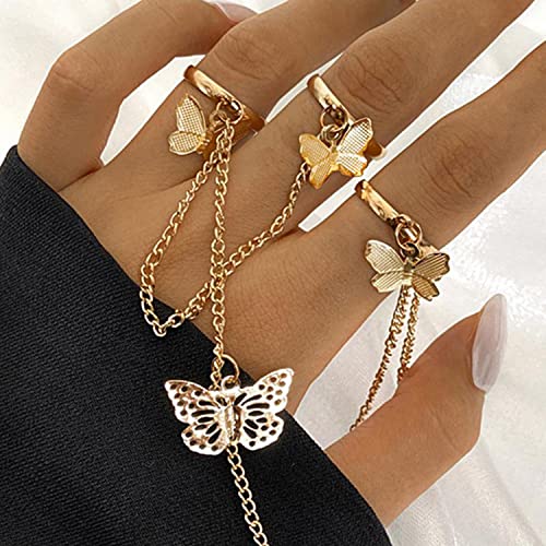 Butterfly Chain Rings Set Plated Toned