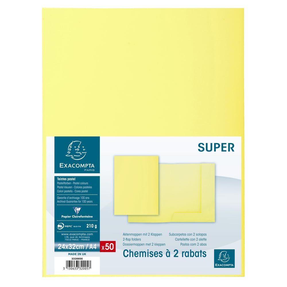 Exacompta - Art.-Nr. 332005E - Karton mit 5 Packungen mit je 50 Schnellhefter mit 2 Klappen SUPER 210 g/m² - Pastellfarben - PEFC™ zertifizierte Mappen - Maße: 24 x 32 cm für DIN A4 - Farbe