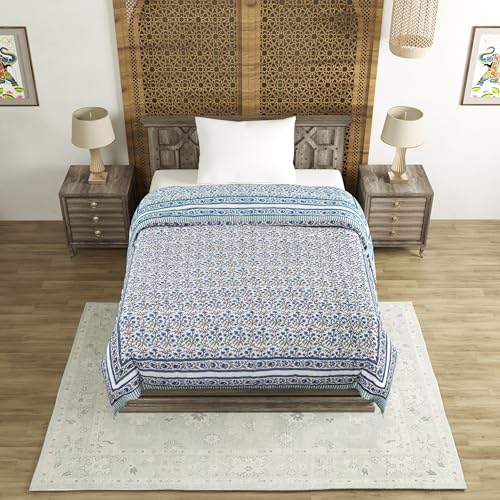 Image of BLOCKS OF INDIA Cotton Single Size Quilt Hand Block Print for Light Winters (60x90 Inches) (Blue Grey JAAL)-300 TC