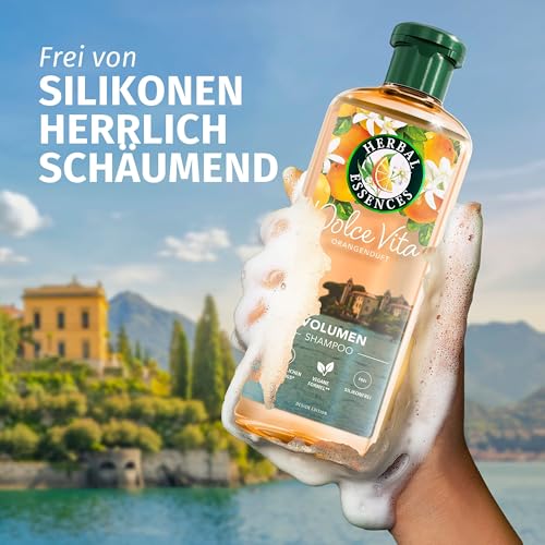 Herbal Essences Volumen Shampoo mit Orangenduft 350ml, Von feinem Haar zu gestärktem Haar voller Volumen von der Wurzel bis zur Spitze, Mit Inhaltsstoffen natürlichen Ursprungs, Vegan, ohne Silikone