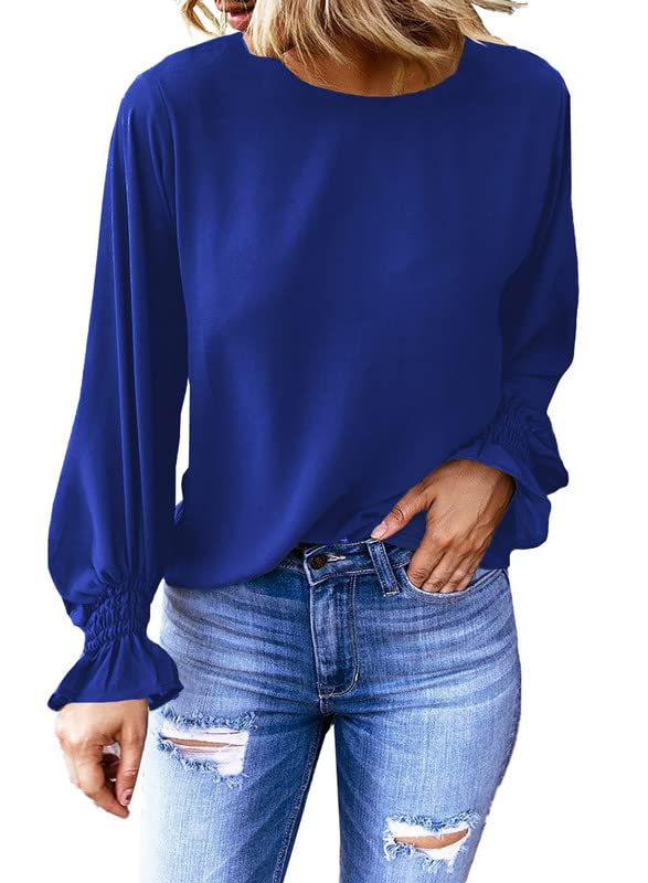 Dokotoo Womens 2023 Summer Long Sleeve Ruffle Bubble Sleeve Casual Loose Shirts Tops and Blouses