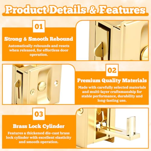 BORDSTRACT Cerradura para Puerta de Bolsillo de Acero Inoxidable Dorada con Perilla para Dormitorio | Compatible con puertas de 35-45mm de grosor, diseño empotrado para baño y dormitorio miniatura 5