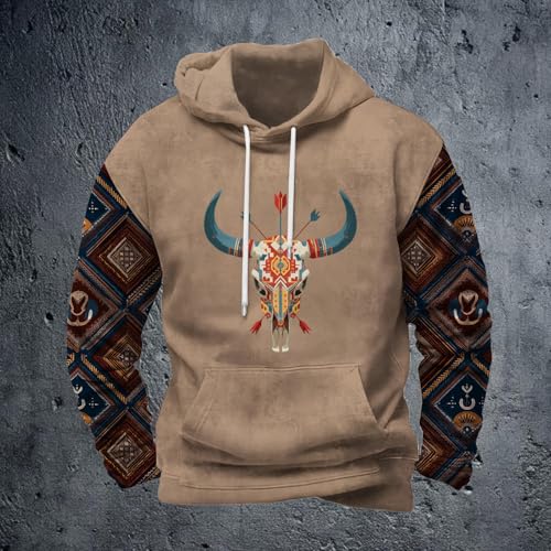 Mens Cowboy Hooded Sweatshirts Long Sleeve Western Tribal Aztec Hoodies Fall Oversized Graphic Print Pullover Tops3