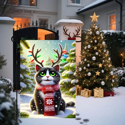 Image of BlissYard Christmas Cat Garden Flag 12x18 Inch Holiday Reindeer Antlers Lights Yard Banner Winter Outdoor Decoration Double Sided Cute Kitty with Red Scarf Seasonal Porch Lawn Flag