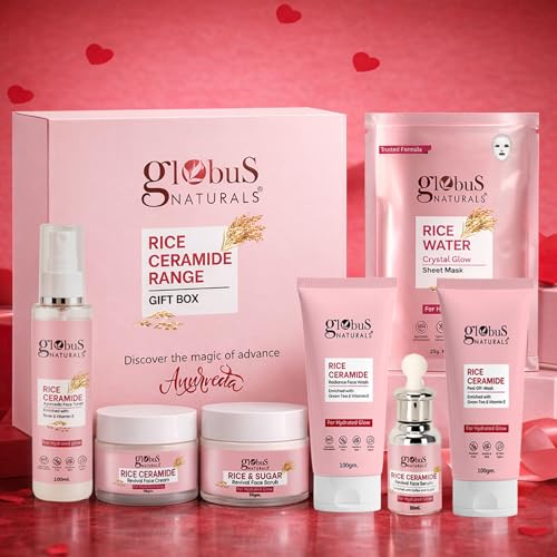 Image of Globus Naturals Valentine Special Rice Ceramide Korean Glass Skin 7 Step Skincare Gift Set | Face Wash, Scrub, Cream, Serum, Toner, Peel off Mask, Sheet Mask | Brightening & Glow Care for Men & Women
