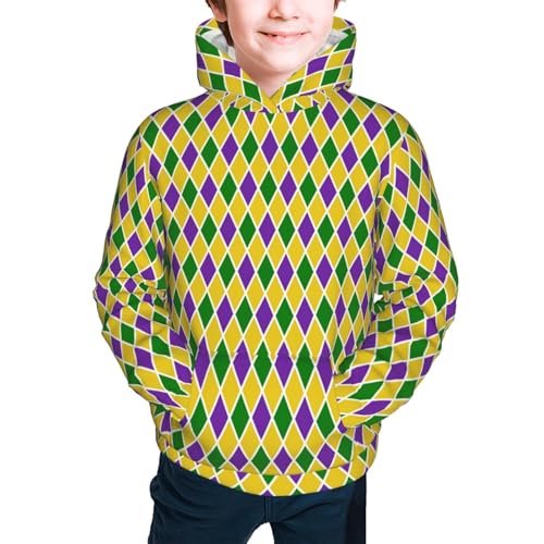 Mardi Gras Purple Yellow Plaid Kids Pullover Hoodies Boys Sweatshirts Girls Athletic Clothes with Pocket2