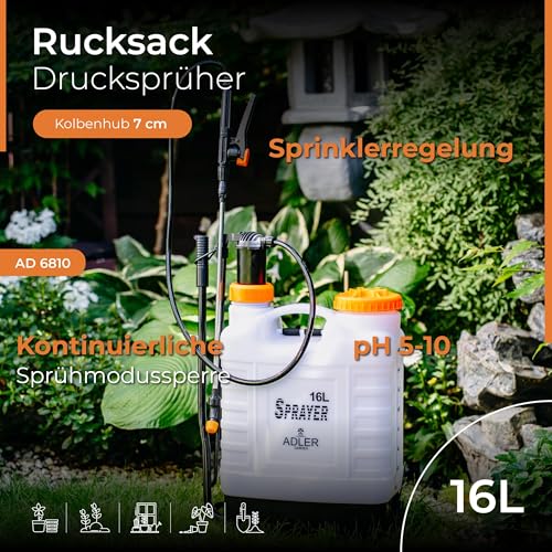 ADLER EUROPE Rückenspritze – Drucksprüher 16 L mit teleskopischer 48–83 cm Edelstahl-Lanze und 115 cm Schlauch, Arbeitsdruck 2–3 bar - Sicherheitsventil – ideal für große Gärten und Nutzflächen