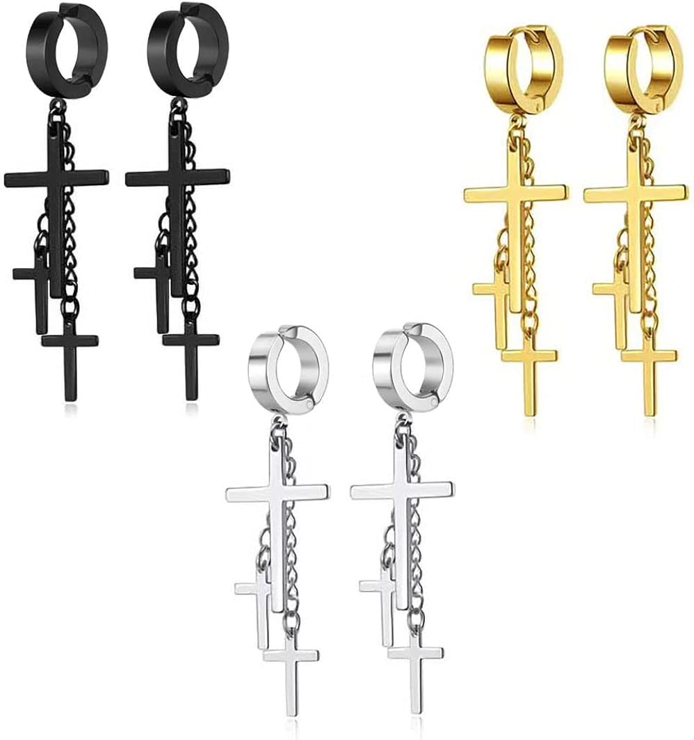 3 pares de aretes colgantes de doble cruz colgante para hombres y mujeres, aretes colgantes de cruces de acero inoxidable
