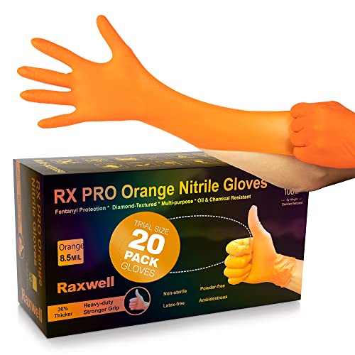 Raxwell Disposable Nitrile Rubber Gloves - Large - Orange - 20 Count - Heavy Duty Work Gloves with Diamond Texture Grip - 8.5 Mil Puncture Resistant - Powder Free & Latex Free
