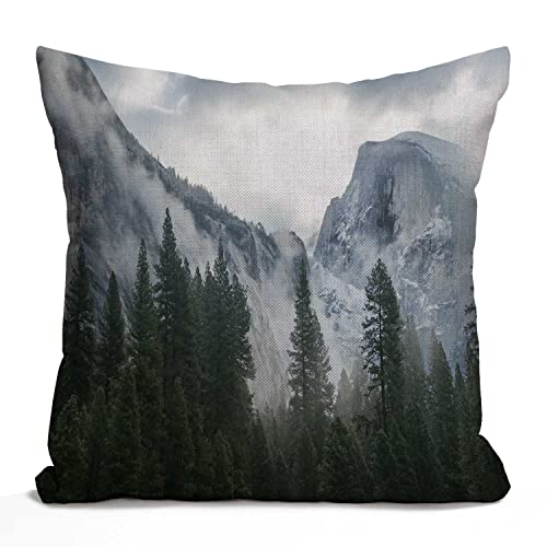 Tomda Housse de coussin décorative - 45 x 45 cm - Parc national, nature, montagne, arbre, brume,...