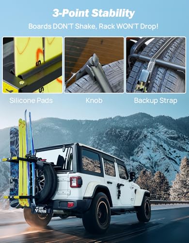 JOYTUTUS Spare Tire Ski Rack Fits Spare Tire 30.5\"-36.5\" Diameter 10\"-11.5\" Width | 4 Snowboards & 6 Skis Carrier | Lockable & No-Tool Installation | Compatible with Most Wrangler Bronco SUVs - Thumbnail 4