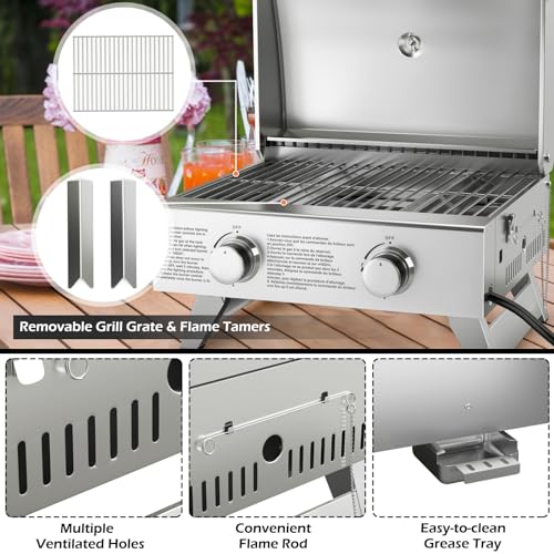 Giantex Portable Gas Grill with 2 Burner, Max. 20,000 BTU total, Folding Legs, Built-in Thermometer, Travel Locks, Stainless Steel Tabletop Propane Gas Grill for Camping Picnic Cookout RV BBQ