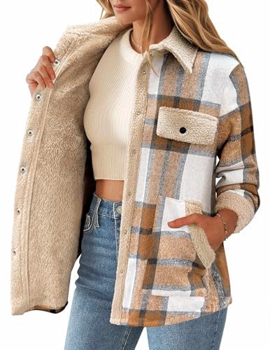 Image of Zeagoo Flannel Jacket Fleece Lined Jacket Women Plaid Shacket Button Down Shirts Casual Fall Winter Outwear Apricot L