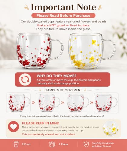 Image of KiKiluxxa 250ml Double Wall Glass Tea Coffee Mug Set of 2 | Glass Cups with Movable Decorative Flowers & Pearl Beads | Insulated Glass Mug for Tea, Coffee, Milk, Gift (Ruby Blossom+Golden Daisy)