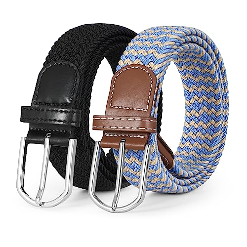 JASGOOD Women Braided Elastic Belt, 1.38'' Width Woven Fabric Belt for Jeans Men Golf Belt with Silver Buckle