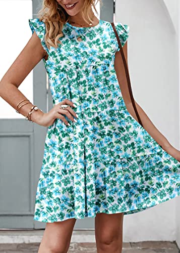 Image of KIRUNDO Summer Dresses for Women Sundress Sleeveless Ruffle Sleeve Round Neck Loose Short Flowy Pleated Mini Babydoll Dress