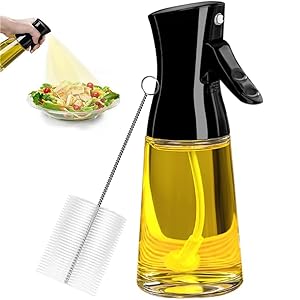 Oil Sprayer for Cooking, 180ml Glass Olive Oil Sprayer Bottle with Brush, Thick Glass, Large Range, Strong Spray Force, Kitchen Gadgets Accessories for Air Fryer (Black)