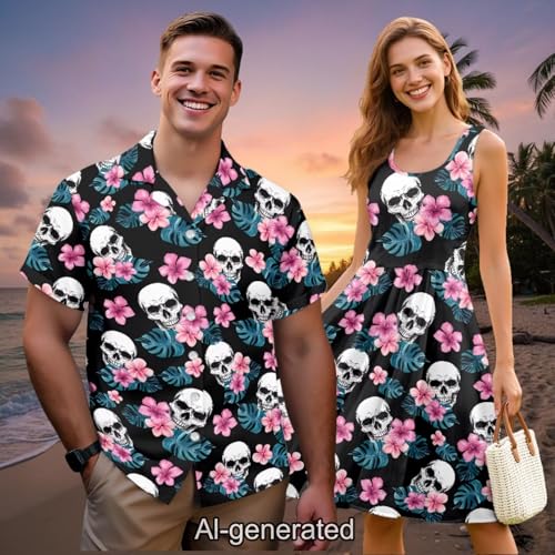 Image of Dreaweet Summer Dresses for Women A-Line Sleeveless Flowy Sun Dresses,Men's Casual Button-Down Shirts,Couple Matching Outfits