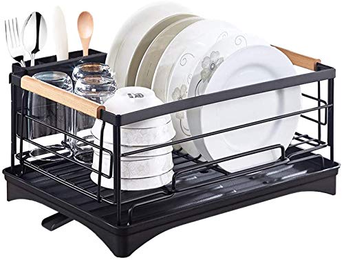 XIAPIA Dish Rack Kitchen Dish Drying Drainer with Drip Tray and Cutlery Holder Anti-Rust (Black)