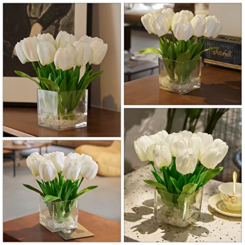 Xmay Gift Artificial Flowers Tulip Floral Arrangement In Vase - Fake Flowers Silk Tulips Centerpiece - Modern Artificial Silk Flowers For Home Bathroom Office Table Shelf Decoration (White) #TOP5