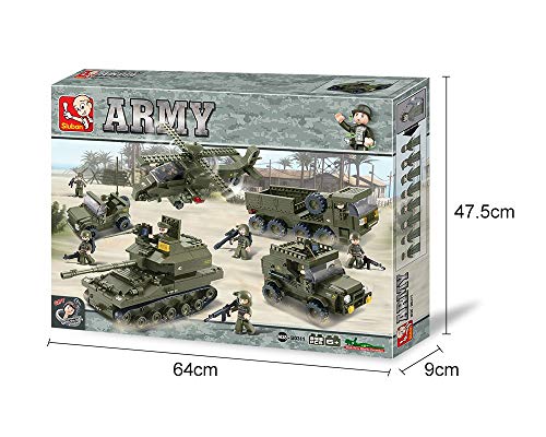 Sluban M38-B0208 Blocks Army Bricks Toy Hind Helicopter, T-90 Main Battle Tank, Army Personnel Carriers, Army Je-Ep, Prowl Car,1 Set, 25.2"X3.5"X18.7", Green #TOP4