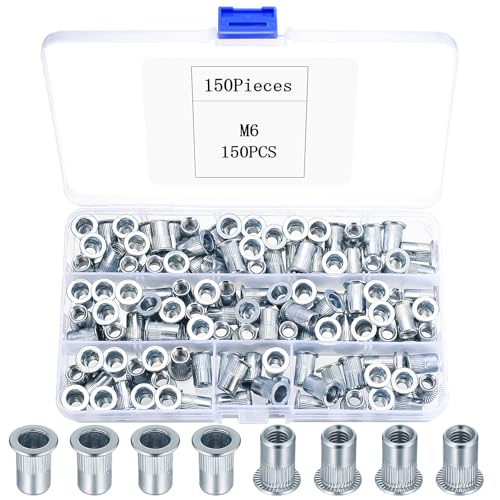150 Pcs Tuercas Remachables, Remaches Roscados, M6 Tuercas Inserciones Remachables de Cabeza Plana, Manguitos Insertos Roscados de Zinc Blanco para Madera Muebles Metal
