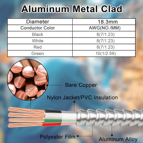 Image of 8 /3 Metal Clad (MC) Cable with Ground 200ft, 8 Gauge Electric Wire with Aluminum Armor, Solid Bare Copper Conductors for Indoor Outdoor Underground Embedded Installation (8 /3, 200 FT)