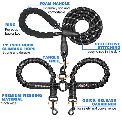 Tobedri Comfortable Dual Dog Leash Tangle Free With Shock Absorbing Bungee Reflective 2 Dog Leashes For Large Medium Small Dogs #TOP2