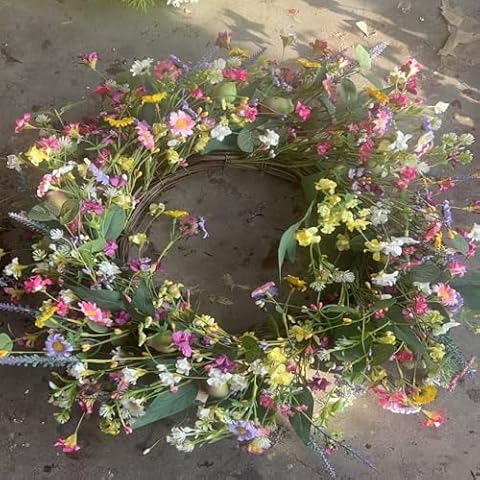 Yawwind 22 Inches Spring Wreath for Front Door with Daisy Flower Cover
