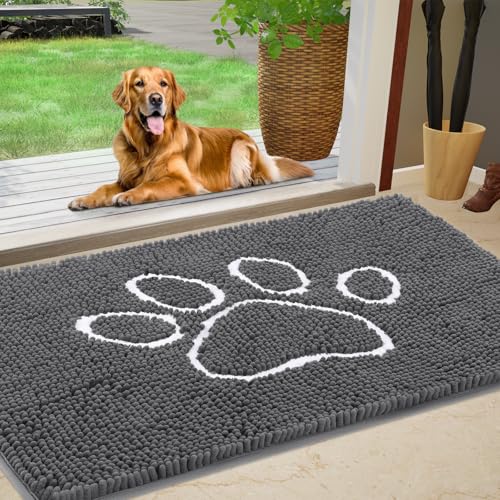 Dog Door Mat for Muddy Paws, Pet Rug Chenille Absorbent Outdoor Doormat 71"x 25", Non Slip Heavy Indoor Doormat Soft Front Inside Doormats for Entryway, Mud Paws, Patio,Dog Paw Grey
