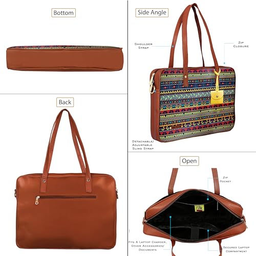Image of Funk For Hire Women's Multi Color Printed Vegan Leather 15.6 inch Laptop Handbag Sling with Waterproof Nylon Lining Adjustable Strap Cushioned Compartment Organizer Lightweight