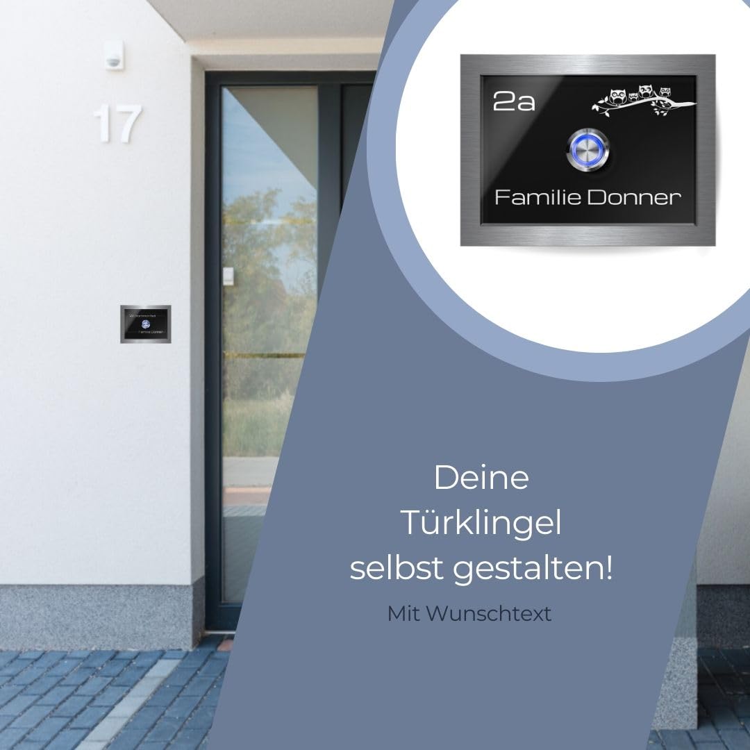 Personalisierte Hochglanz Acrylglas Türklingel - Klingel Modell Donner 12x9 cm | Gravur mit Wunschtext und Motiv - Optional mit beleuchtetem Klingelknopf und Zubehör